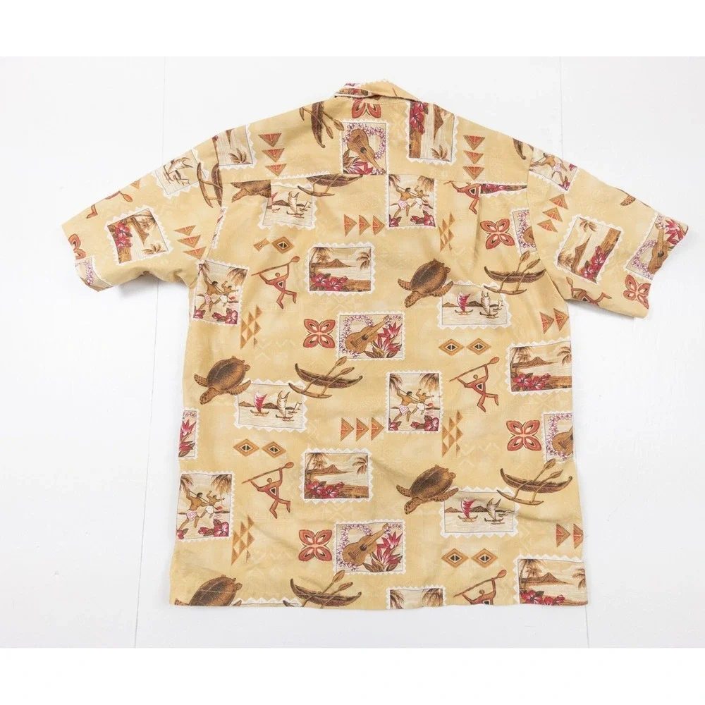 Ho Aloha Shirt Mens Medium Beige Hawaiian Button Up Short Sleeve Turtle Collared